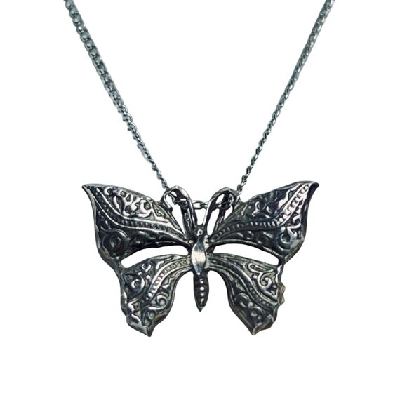Sterling Silver Butterfly Pendant With Silver Tone Curb Chain Necklace (5886) - Picture 2 of 3